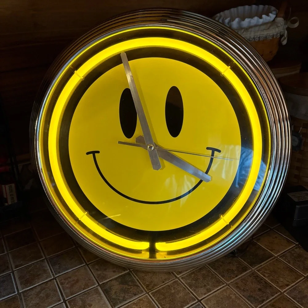 Smiley Face Neon Yellow Light Up Clock with Silver Chrome Frame